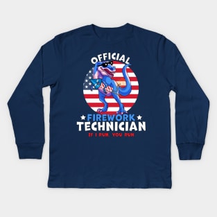 Official Firework Technician 4th of July Dinosaur T-rex Kids Long Sleeve T-Shirt